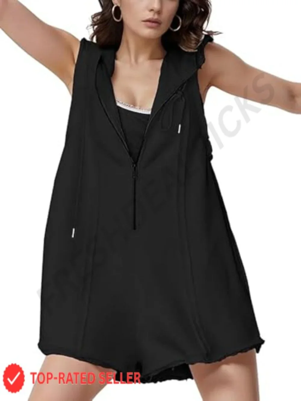 Women's Sleeveless Hooded Romper Jumpsuit with Pockets Zip-Front Casual Athletic